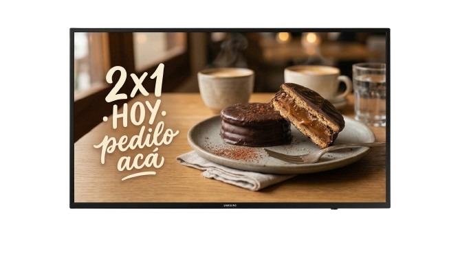 Pantalla digital de la Red DOOH Gualeguaychú mostrando una promoción 2x1 en el punto de venta